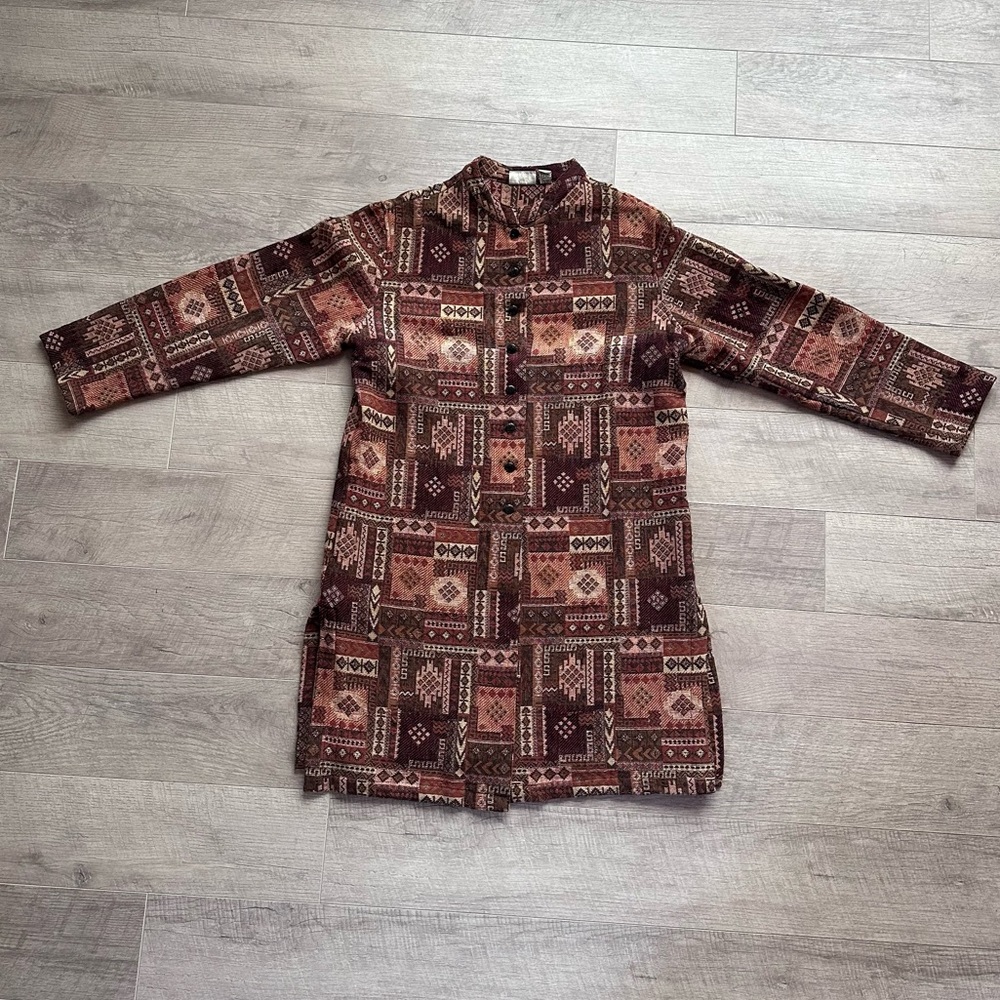 Vintage Tribal Print Jacket 1990s Cotton Long Coat Brown Abstract Print